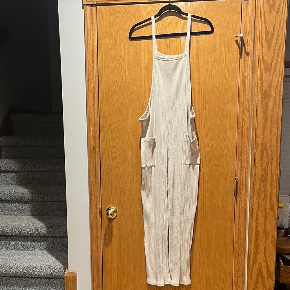 Cream Ribbed Knit Jumpsuit with Pockets